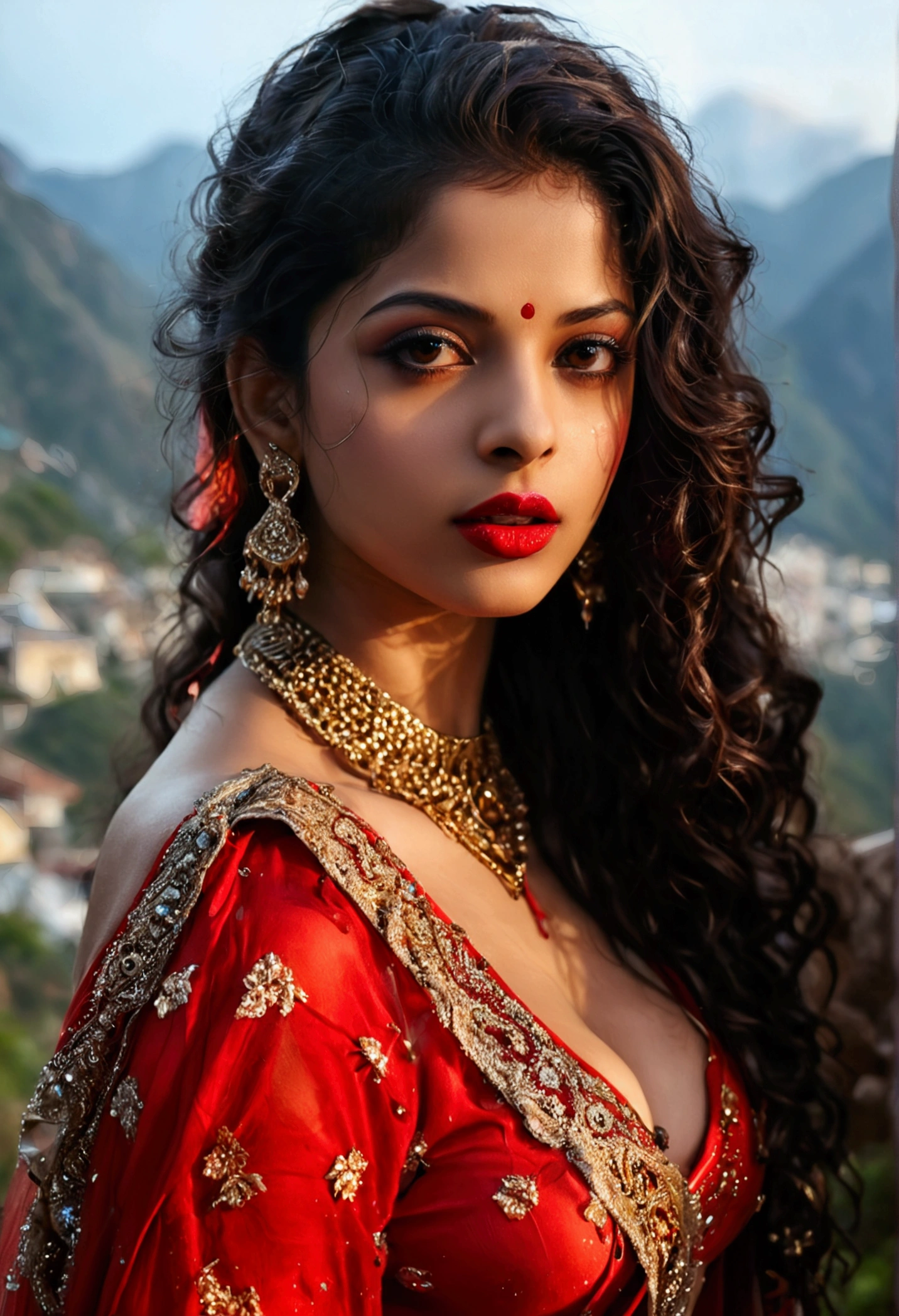 night scene, from side view, extreme close up photo of prostitute vedhika, curvy, big cheeks, hourglass figure, standing on mountains with wide open spread legs, red lips, leaking nipples, necklace, long curly wavy hair, sultry, red Saree,  seductive eyes, look at viewer lusciously, (cinematic:1.3), intricate details, (ArtStation:1.2)