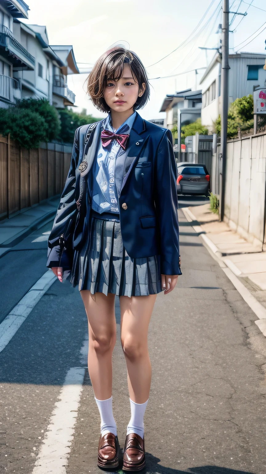 (Junior high school girls walking on the streets of Tokyo:1.2、blue sky)、((school uniform、blazer、Pleated skirt、Navy blue socks、loafers)、the wind is strong、(Realistic、Like a photograph、Live Action、8k, Realistic, RAW Photos, Best image quality: 1.4), Single-lens reflex camera、RAW Photos, Highest quality, Realistic, Highly detailed CG Unity 8k wallpaper, Written boundary depth, Cinematic Light, Lens flare, Ray Tracing, Realistic background、((Ultra-Dense Skin))、 A  on her way to school,cute Japanese、(whole body:1.5)、Very detailedな顔，avert your eyes:1.1、(short hair:1.2、Shortcuty hair is blowing in the wind:1.4)、I like that style、stylish、Very detailed、Pay attention to the details、Perfect outfit、(Sunburned skin)、View from above、Accurate hands、Accurate legs、Detailed hands and fingers、Anatomically correct body、Thin legs、Thin thighs、Small breasts