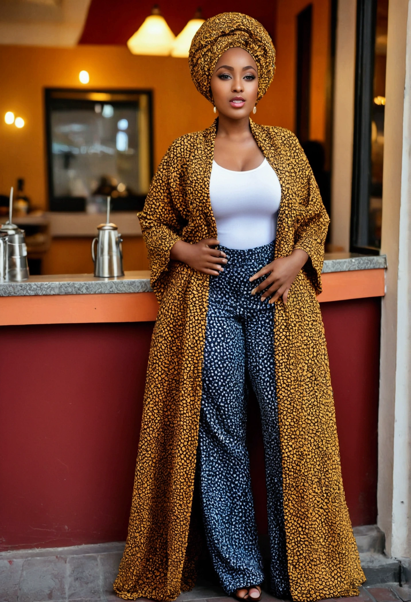 debout, Photographie fine, peau foncée, en hijab, pantalon ample et veste ample ,, beau corps, Éclaireuse, scout ((Peau africaine foncée, peau d'ébène très profonde)), ((Sa beauté est indéniable)), ((joli visage excité)), ((yeux parfaits hyper détaillés,)), ((pose mignonne)), (( gros sein )), ((Langue sortie)), ((Attirant )), Sexy, (( en hijab ,pantalon long ample et veste large)), ((Afro africain long bouclé,)), ((Ventre révélateur)), ((debout, Vue de face)), ((toucher ses propres jambes dans une pose sexy)), au restaurant , photoréaliste, détails élevés, réaListe, partie maîtresse, absurde, meilleure qualité, HDR, de haute qualité, haute définition, extrêmement détaiLLé, fond d'écran 8k, détails complexes, 8k euh, Full HD, (photo réaliste:1.2), contraste, éclairage intense, cinématique d'éclairage, éclairage naturel, Lumière forte, Contre-Jour, Éclairage global, occlusion ambiante Info
