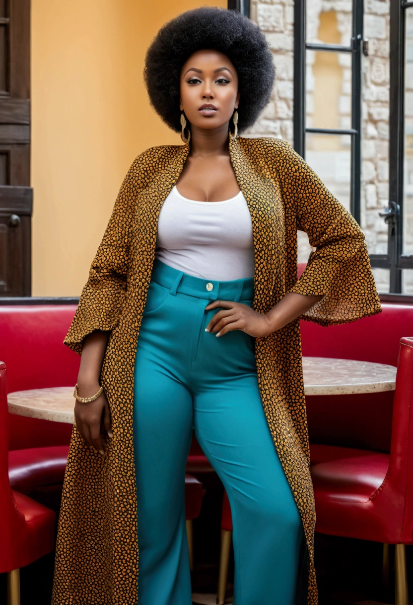 debout, Photographie fine, peau foncée, en hijab, pantalon ample et veste ample ,, beau corps, Éclaireuse, scout ((Peau africaine foncée, peau d'ébène très profonde)), ((Sa beauté est indéniable)), ((joli visage excité)), ((yeux parfaits hyper détaillés,)), ((pose mignonne)), (( gros sein )), ((Langue sortie)), ((Attirant )), Sexy, (( en hijab ,pantalon long ample et veste large)), ((Afro africain long bouclé,)), ((Ventre révélateur)), ((debout, Vue de face)), ((toucher ses propres jambes dans une pose sexy)), au restaurant , photoréaliste, détails élevés, réaListe, partie maîtresse, absurde, meilleure qualité, HDR, de haute qualité, haute définition, extrêmement détaiLLé, fond d'écran 8k, détails complexes, 8k euh, Full HD, (photo réaliste:1.2), contraste, éclairage intense, cinématique d'éclairage, éclairage naturel, Lumière forte, Contre-Jour, Éclairage global, occlusion ambiante Info