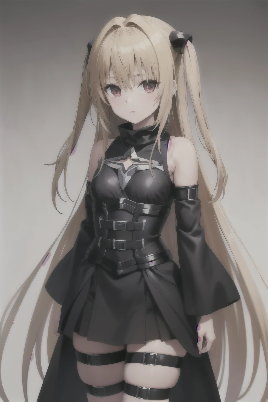 masterpiece, Best Quality, High resolution, aayami, very long hair, two sides up, hair ornament, bare shoulders, black dress, clothing trimming, separate sleeves, belt, thigh strap, standing, cowboy shot,