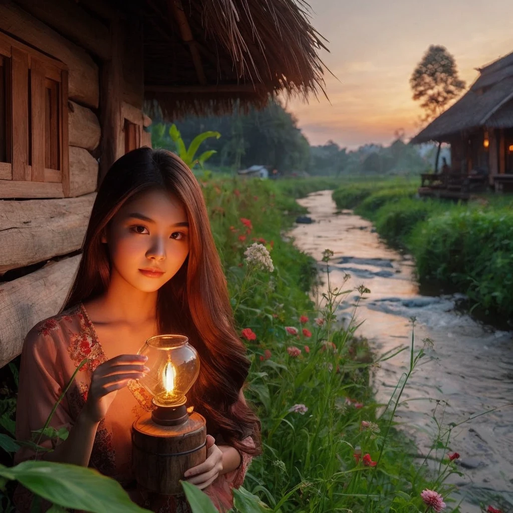 a beautiful Indonesian woman, 20 years old, oval face, beautiful long hair. Realistic skin, ideal body
was lighting a Petromax lamp at dusk in a traditional wooden house on the outskirts of the forest, beside which a river flowed clear. Green grass and various flowers add to the comfortable twilight atmosphere.