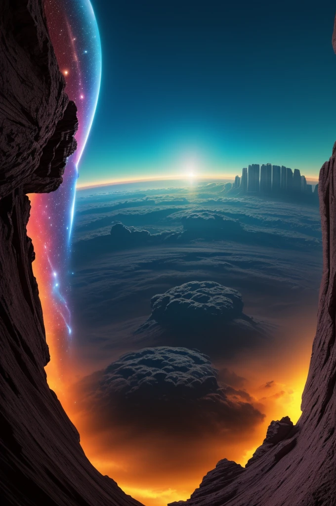 a distant spacescape, alien planet landscape, vast cosmic environment, dramatic celestial scenery, interstellar space exploration, futuristic sci-fi atmosphere, glowing nebulae clouds, towering alien structures, dramatic lighting and shadows, cinematic wide angle composition, vivid vibrant colors, hyper-realistic 8k rendering, (best quality,4k,8k,highres,masterpiece:1.2),ultra-detailed,(realistic,photorealistic,photo-realistic:1.37)