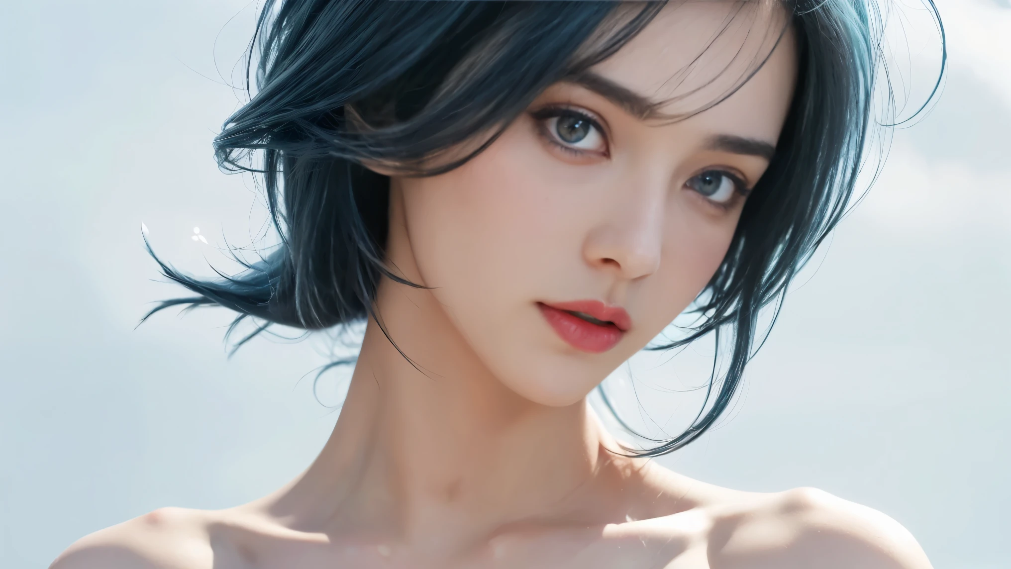 8K, Top Quality, Intricate Details, Ultra Detail, Ultra High Resolution, Masterpiece, close up shot, (full body: 1.1), Slender, Smile, (Makeup: 0.4), ,(( blue hair, bangs, short hair, blue eyes, )), (Fluffy Eyes: 1.21), (()), 1girl, solo, 1 girl, (()), close up shot, , ((tall)), (((fit body))), (((slim face))), sharp face, (( )) ,(detailed face), sharp face, small lips, , ,((,,)) ,, ,
((,no bra, braless )), , ((wind blow, strong wind, wind blow hair )), detailed face, detailed breast, large breast ,huge breast, detail nipples ,, Narrow Waist, Skinny, tall , 190 cm tall, Muscular, Navel, Exposed Abdomen, Pointed Chest,, Beautiful girl with accentuated slender abs: 1.4, Six Pack Abs: 1.4, , Perfect Body, detail legs, (( dark background)), black background,