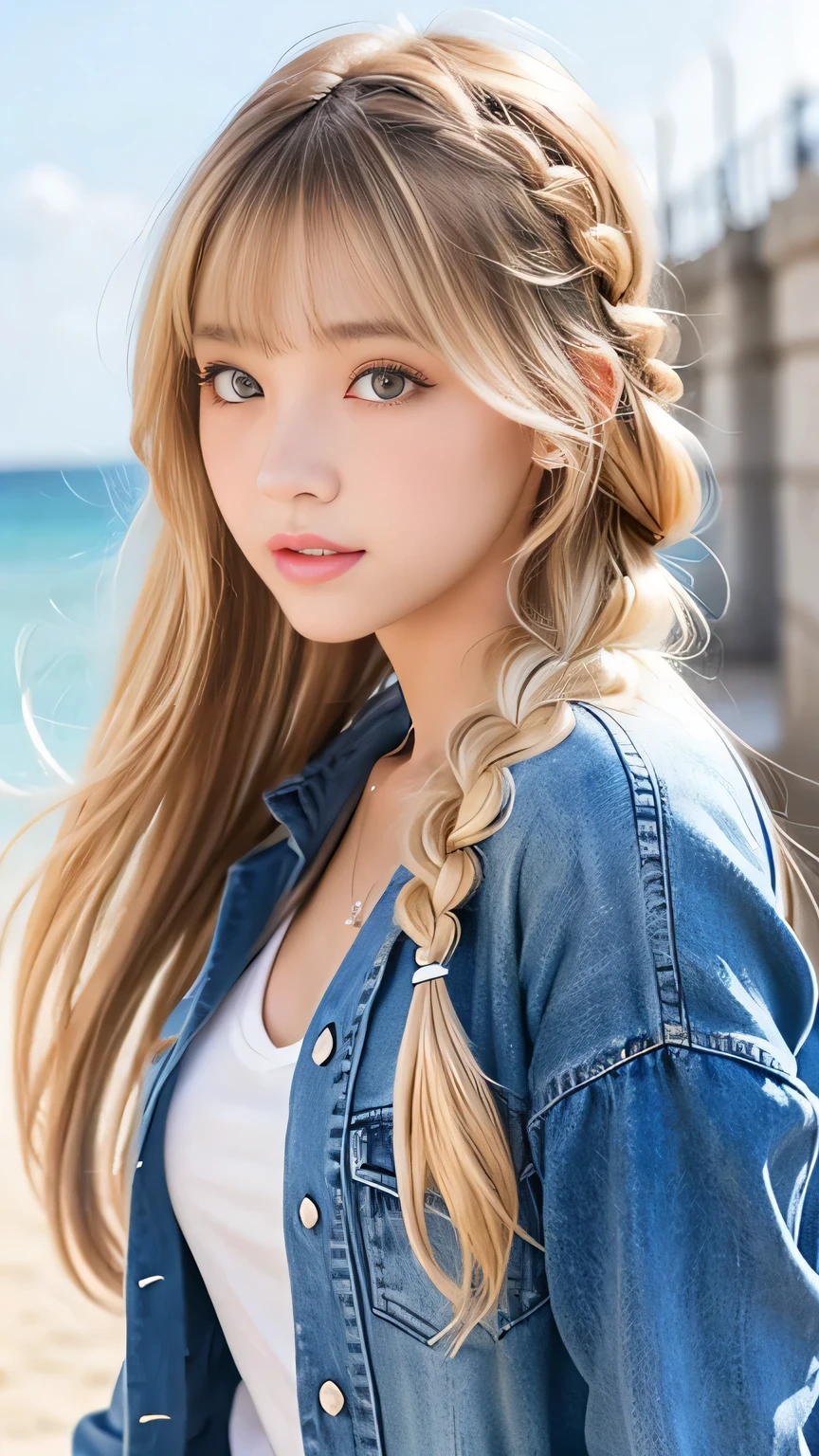 Sexy Big 、Sexy cute looks and cute 15 year old beautiful girl, beautiful and sexy face、A strong wind blows my hair in front of my face、beautiful long blonde French braided hair、beautiful, Cute and sexy eyes hidden behind long bangs