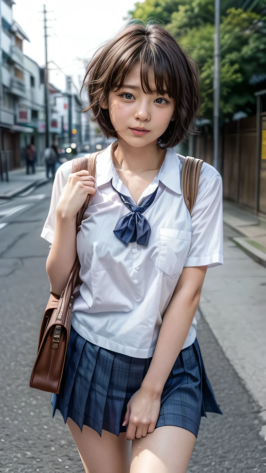 (Junior high school girls walking on the streets of Tokyo:1.2、blue sky)、((school uniform、White blouse、Pleated skirt、Navy blue socks、loafers)、(Shoulder bag、The strap of the bag passes between the chest、paisla)、the wind is strong、(Realistic、Like a photograph、Live Action、8k, Realistic, RAW Photos, Best image quality: 1.4), Single-lens reflex camera、RAW Photos, Highest quality, Realistic, Highly detailed CG Unity 8k wallpaper, Written boundary depth, Cinematic Light, Lens flare, Ray Tracing, Realistic background、((Ultra-Dense Skin))、 A 14-year-old girl on her way to school,cute Japanese、(whole body:1.5)、Very detailedな顔，avert your eyes:1.1、(short hair:1.2、Shortcuty hair is blowing in the wind:1.4)、I like that style、stylish、Very detailed、Pay attention to the details、Perfect outfit、(Sunburned skin)、View from above、Accurate hands、Accurate legs、Detailed hands and fingers、Anatomically correct body、Thin legs、Thin thighs、Small breasts