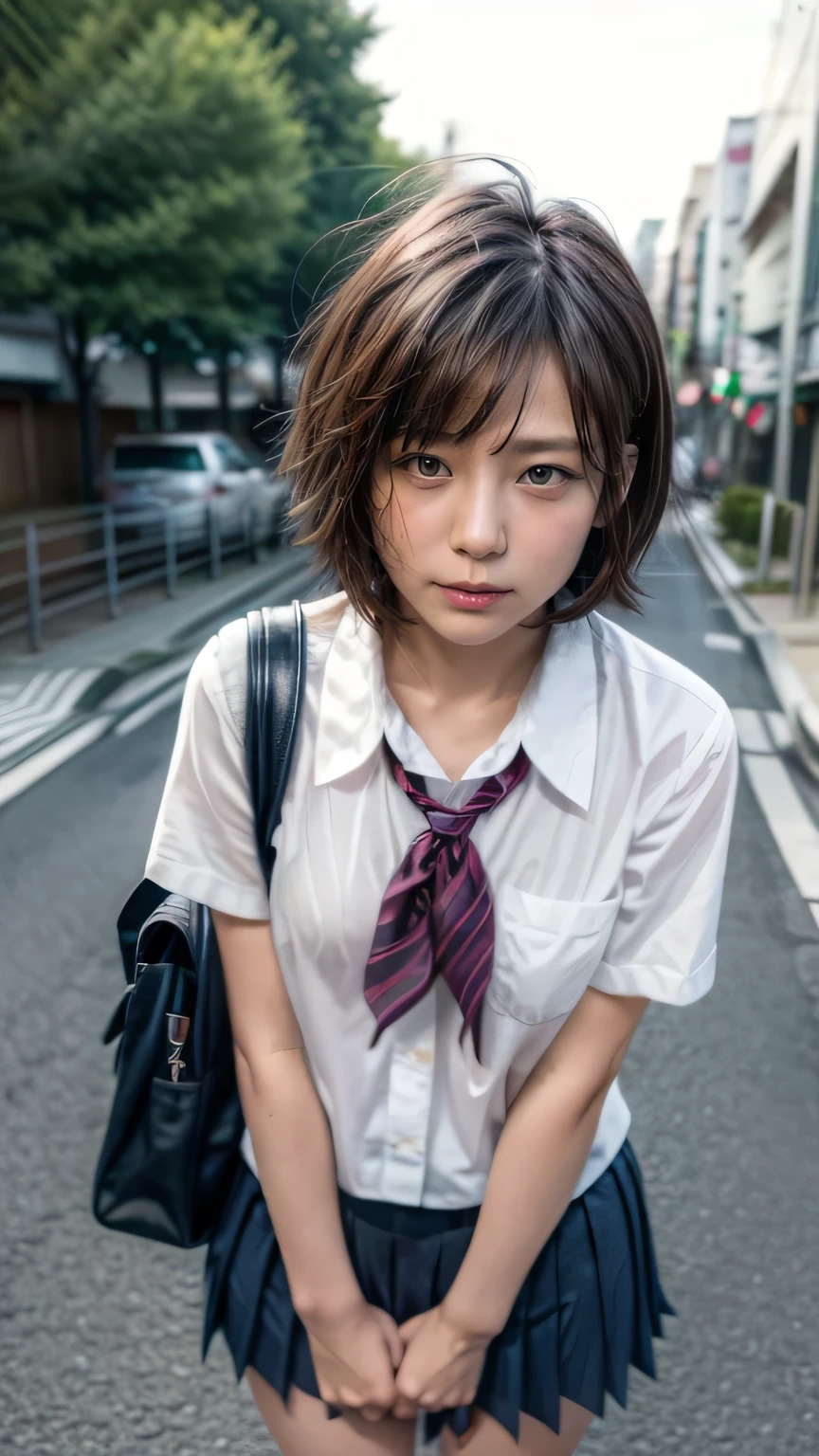 (Junior high school girls walking on the streets of Tokyo:1.2、blue sky)、((school uniform、White blouse、Pleated skirt、Navy blue socks、loafers)、(Shoulder bag、The strap of the bag passes between the chest、paisla)、the wind is strong、(Realistic、Like a photograph、Live Action、8k, Realistic, RAW Photos, Best image quality: 1.4), Single-lens reflex camera、RAW Photos, Highest quality, Realistic, Highly detailed CG Unity 8k wallpaper, Written boundary depth, Cinematic Light, Lens flare, Ray Tracing, Realistic background、((Ultra-Dense Skin))、 A 14-year-old girl on her way to school,cute Japanese、(whole body:1.5)、Very detailedな顔，avert your eyes:1.1、(short hair:1.2、Shortcuty hair is blowing in the wind:1.4)、I like that style、stylish、Very detailed、Pay attention to the details、Perfect outfit、(Sunburned skin)、View from above、Accurate hands、Accurate legs、Detailed hands and fingers、Anatomically correct body、Thin legs、Thin thighs、Small breasts