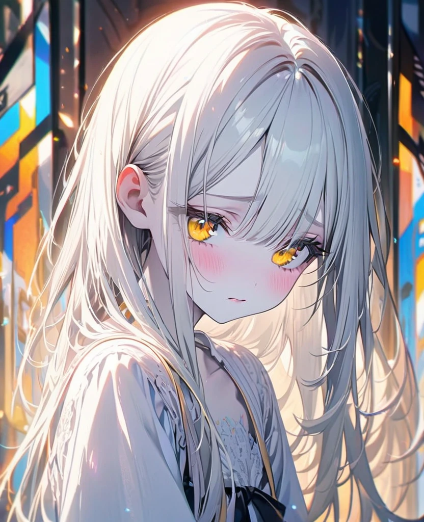 anime girl, white hair, yellow eyes, pale skin , fine and delicate features, loose hair, white eyelashes, white , , straight hair, cute, ultra detailed, high quality, vibrant colors, ,Shy, Teen