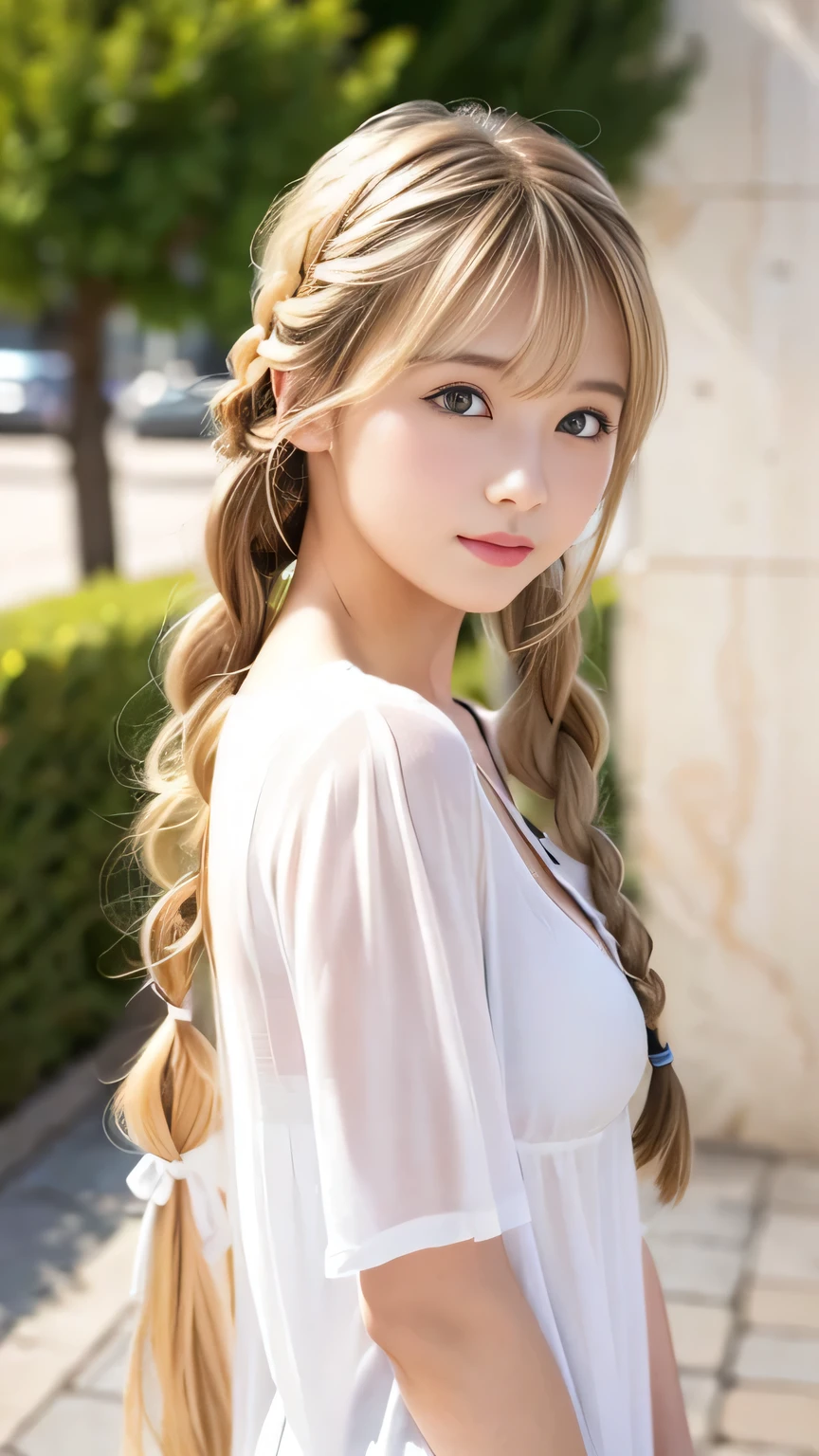 Sexy Big 、Sexy cute looks and cute  beautiful girl, beautiful and sexy face、A strong wind blows my hair in front of my face、beautiful long blonde French braided hair、beautiful, Cute and sexy eyes hidden behind long bangs