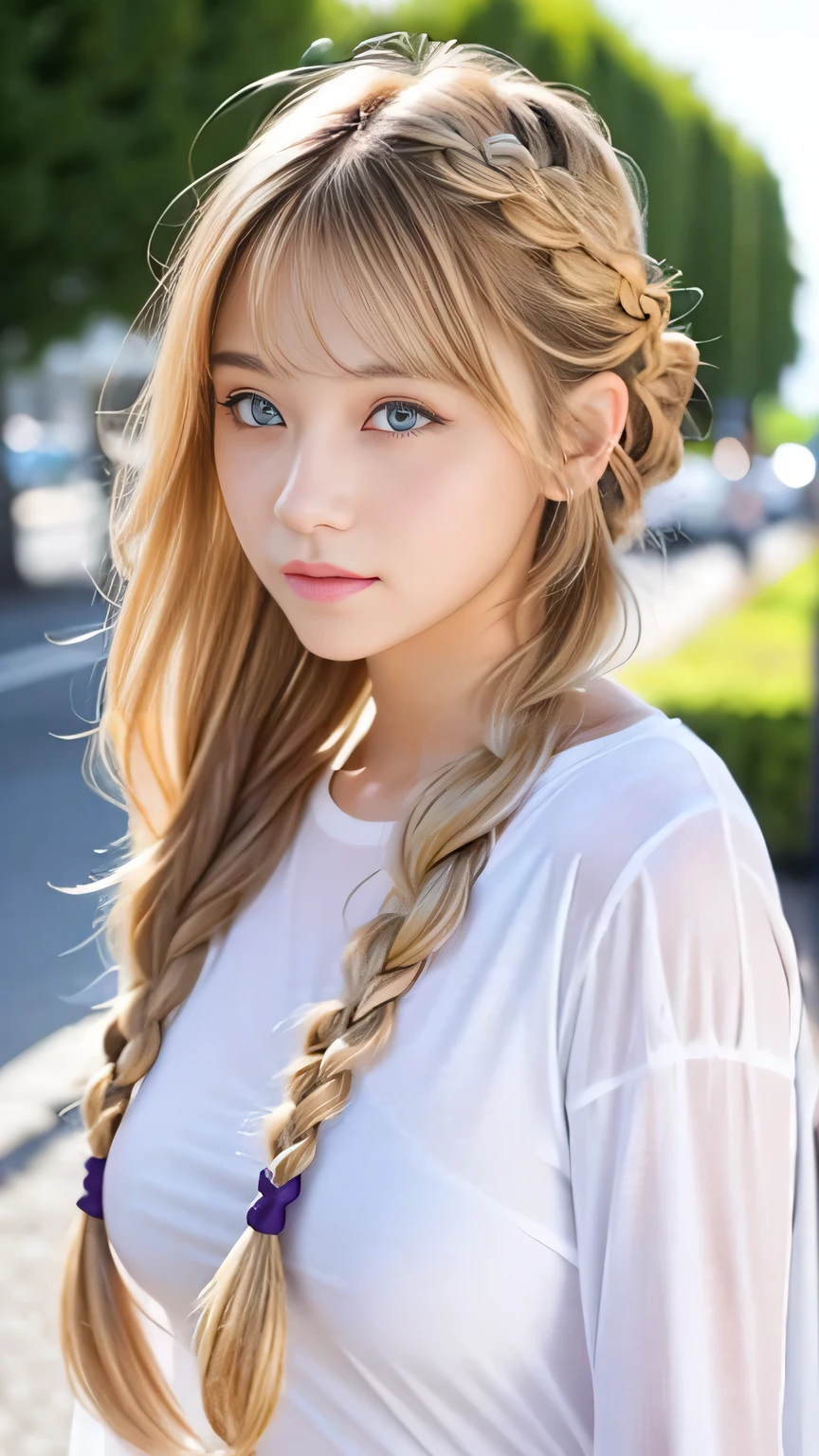 Sexy Big 、Sexy cute looks and cute 15 year old beautiful girl, beautiful and sexy face、A strong wind blows my hair in front of my face、beautiful long blonde French braided hair、beautiful, Cute and sexy eyes hidden behind long bangs