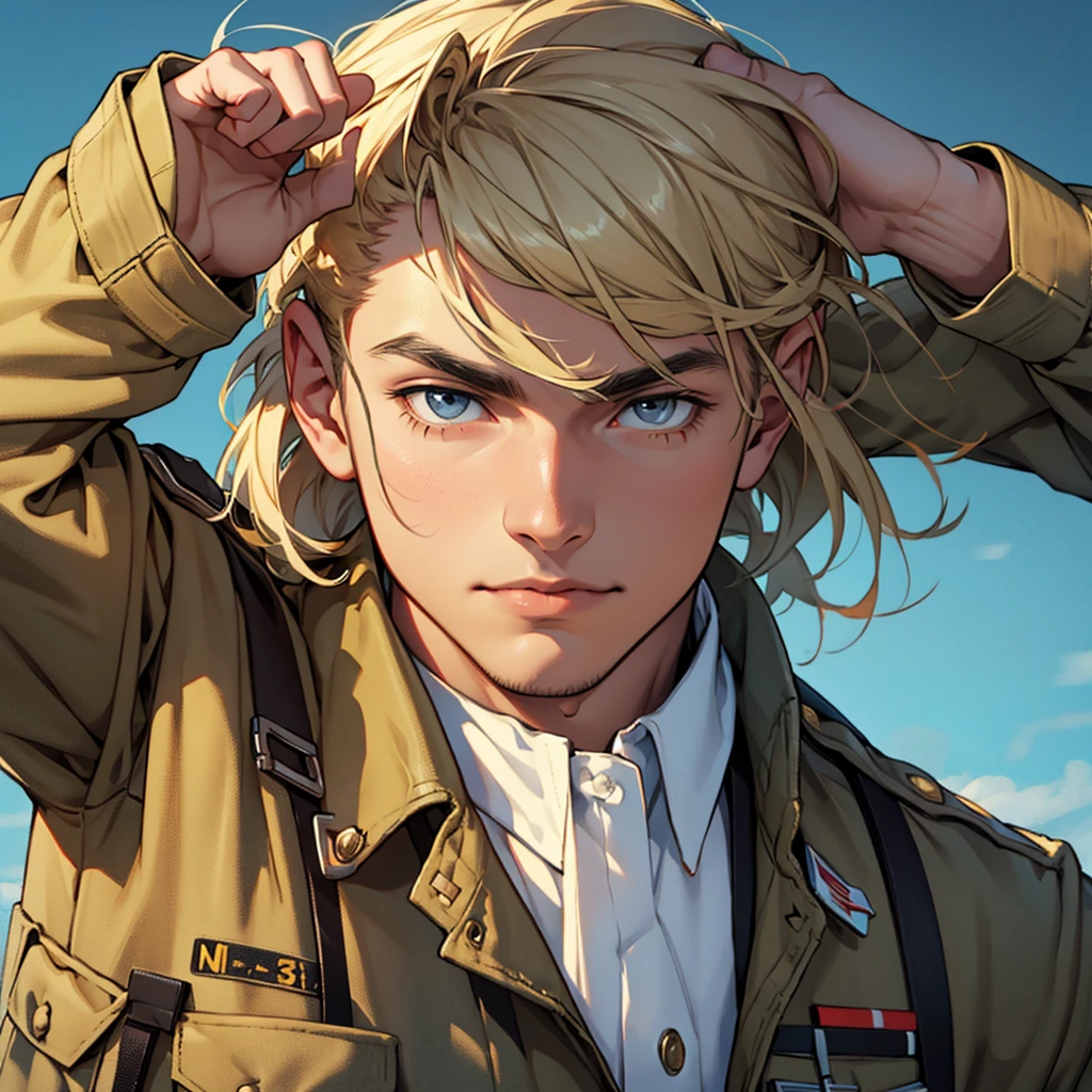 One Man,solo, The face is made of canvas,Wearing military uniform,Is saluting,