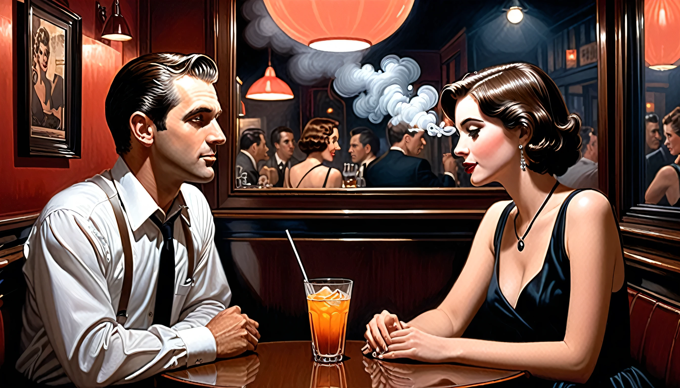 A painting of a young couple having a drink happily facing each other at a very smoky Parisian bar table, Then Martin, Then Martin artwork portrait, diner scene, film noir jazz bar, drawn in a neo - noir style, neo - noir style, Neo-Noir Setting, neo noir style, inspired by f.. scott hess, Thomas Dalziel, film noir realistic, inspired by f. scott hess