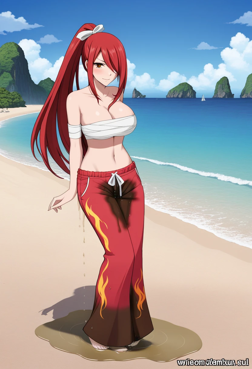 (high quality,Very detailed:1.37, High resolution), Woman, Erza, animerza, red hair, navel, flame pants, collarbone, bare shoulders, cleavage, hair over one eye, large breasts, long hair, bandages, chest sarashi, white ribbon, beach, full body, looking at viewer, brown eyes, ponytail, masterpiece, best quality, (wetting herself:1.5), embarrassed, humiliation, sweating, blushing