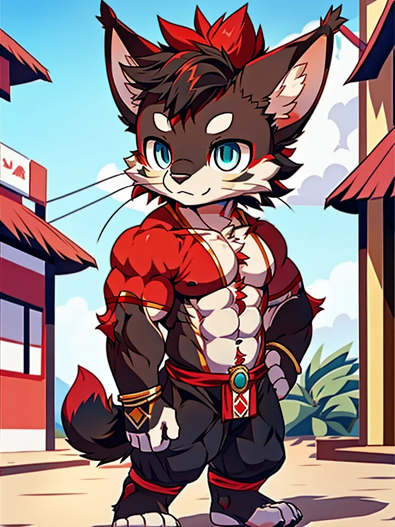 Best quality, Young, Chibi, 15 year old, Furry, Solo, Male black lynx cat: 1.5, (black fur), (black fur), black fur, blue eyes, red chest hair, black long hair, black mane, red hair, red armpit hair, red whiskers, Humanoid hands, Muscular body, Strong Abs, Strong Chest, Strong Biceps, Wearing Red Muay Thai Style Clothes, Topless, Chibi, Standing in the street of Thailand, Red Mohawk hair, Detailed black fur, Detailed cloths, Thailand.