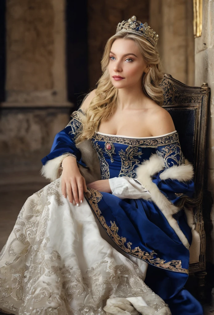 wrc style, beautiful woman, blond, sitting, royal outfit, royal chamber, medieval setting