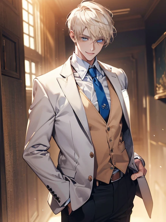 (Masterpiece, highres, best quality, finely detailed), male, smile expression facade, platinum blonde hair, short hair, White blazer, white shirt, blue tie, tan vest cardigan, belt, black pants, blue eyes, student, super detail, accurate.