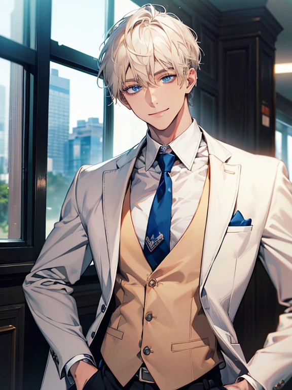 (Masterpiece, highres, best quality, finely detailed), male, smile expression facade, platinum blonde hair, short hair, White blazer, white shirt, blue tie, tan vest cardigan, belt, black pants, blue eyes, student, super detail, accurate.
