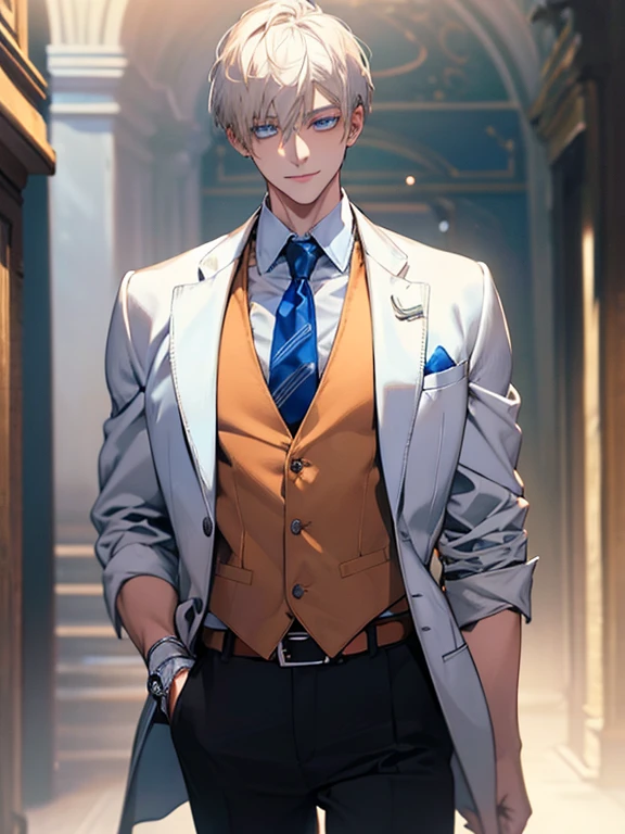 (Masterpiece, highres, best quality, finely detailed), male, smile expression facade, platinum blonde hair, short hair, White blazer, white shirt, blue tie, tan vest cardigan, belt, black pants, blue eyes, student, super detail, accurate.
