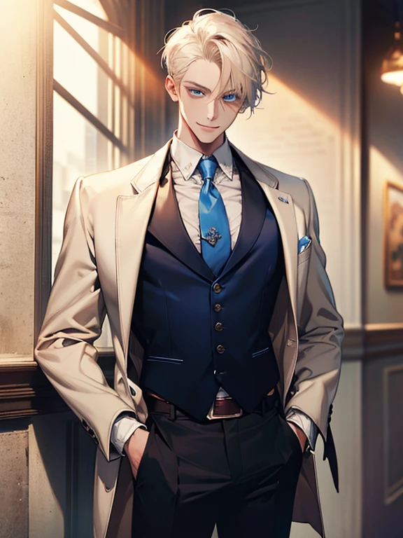 (Masterpiece, highres, best quality, finely detailed), male, smile expression facade, platinum blonde hair, short hair, White blazer, white shirt, blue tie, tan vest cardigan, belt, black pants, blue eyes, student, super detail, accurate.