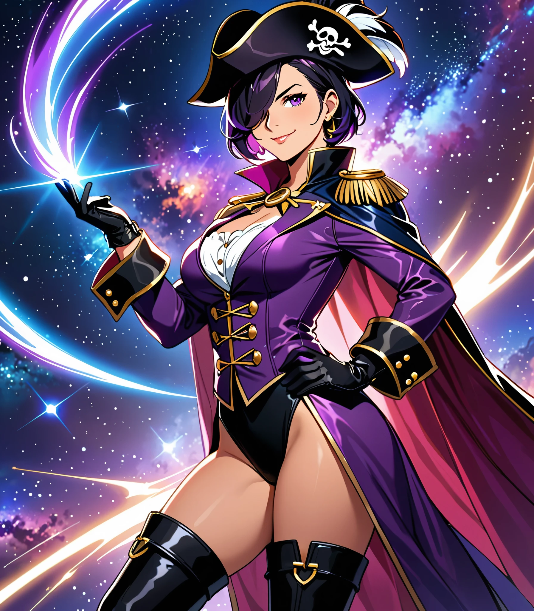 (masterpiece, best quality, high quality, highres:1.4), detailed, extremely detailed, ambient soft lighting, 4K, 1girl, (mature female), (short hair, black hair, hair over one eye:1.3), (purple eyes, confident smirk:1.2), medium breasts, (edgmousquetaire, costume, gloves, cape, boots, pirate, space pirate, matching boots, matching gloves, large hat, purple hat, feather on hat, wearing edgmousquetaire, leotard, purple leotard), confident pose, outer space backdrop, bare legs, (power, aura, purple aura), outstretched arm, casting a spell.