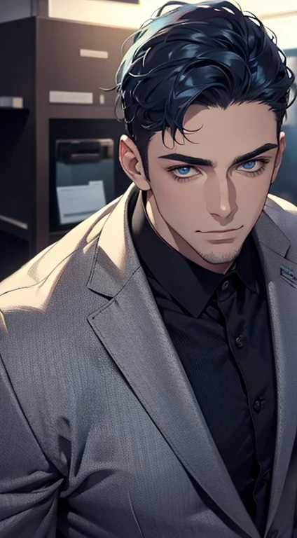 (best quality,4k,8k,highres,masterpiece:1.2),ultra-detailed,(realistic,photorealistic,photo-realistic:1.37),1 man,31 years old,mature man,very handsome,without expression,smile,short blue hair,blue eyes,penetrating gaze,perfect face without errors,imposing posture,businessman,office background,cinematic lighting,hdr image