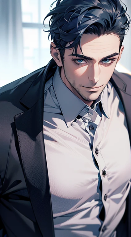 (best quality,4k,8k,highres,masterpiece:1.2),ultra-detailed,(realistic,photorealistic,photo-realistic:1.37),1 man,31 years old,mature man,very handsome,without expression,smile,short blue hair,blue eyes,penetrating gaze,perfect face without errors,imposing posture,businessman,office background,cinematic lighting,hdr image