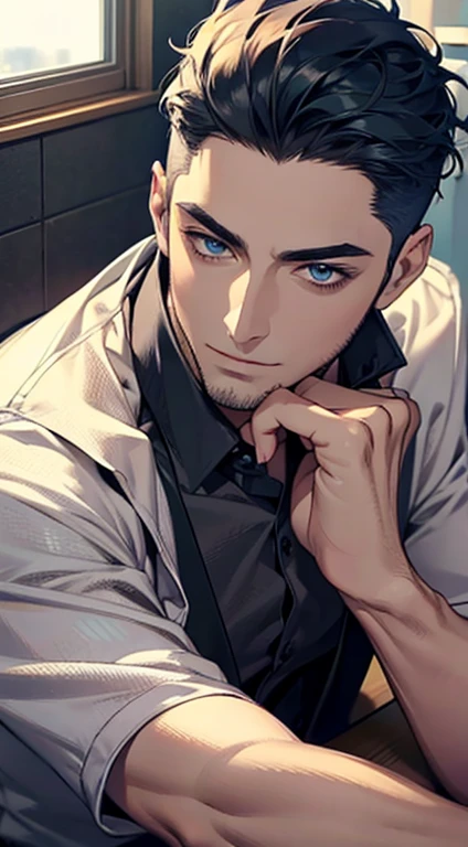 (best quality,4k,8k,highres,masterpiece:1.2),ultra-detailed,(realistic,photorealistic,photo-realistic:1.37),1 man,31 years old,mature man,very handsome,without expression,smile,short blue hair,blue eyes,penetrating gaze,perfect face without errors,imposing posture,businessman,office background,cinematic lighting,hdr image