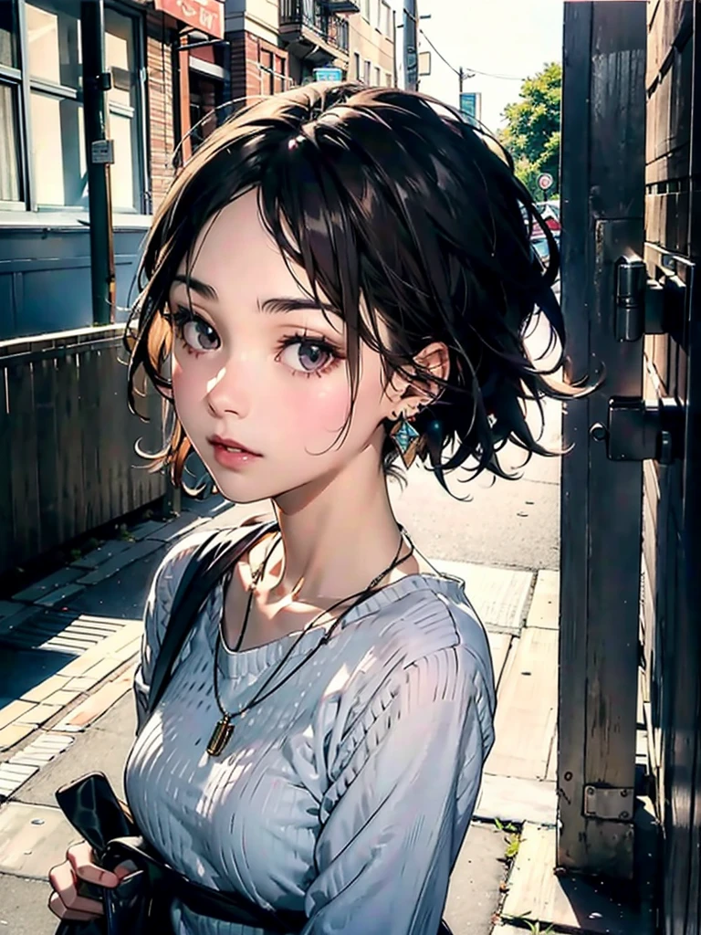 NSFW, ((Fujifilm)), bright scene, bright backlighting, solo, {beautiful and detailed eyes}, big breasts, calm expression, natural and soft light, hair blown by the breeze, delicate facial features, cnc_cc, brown_eyes, short hair, slight smile, short_hair, beautiful_korean_girl,iu, 20 years old, small Earrings AND small necklaces, (sweater dress) , (on the street), standing