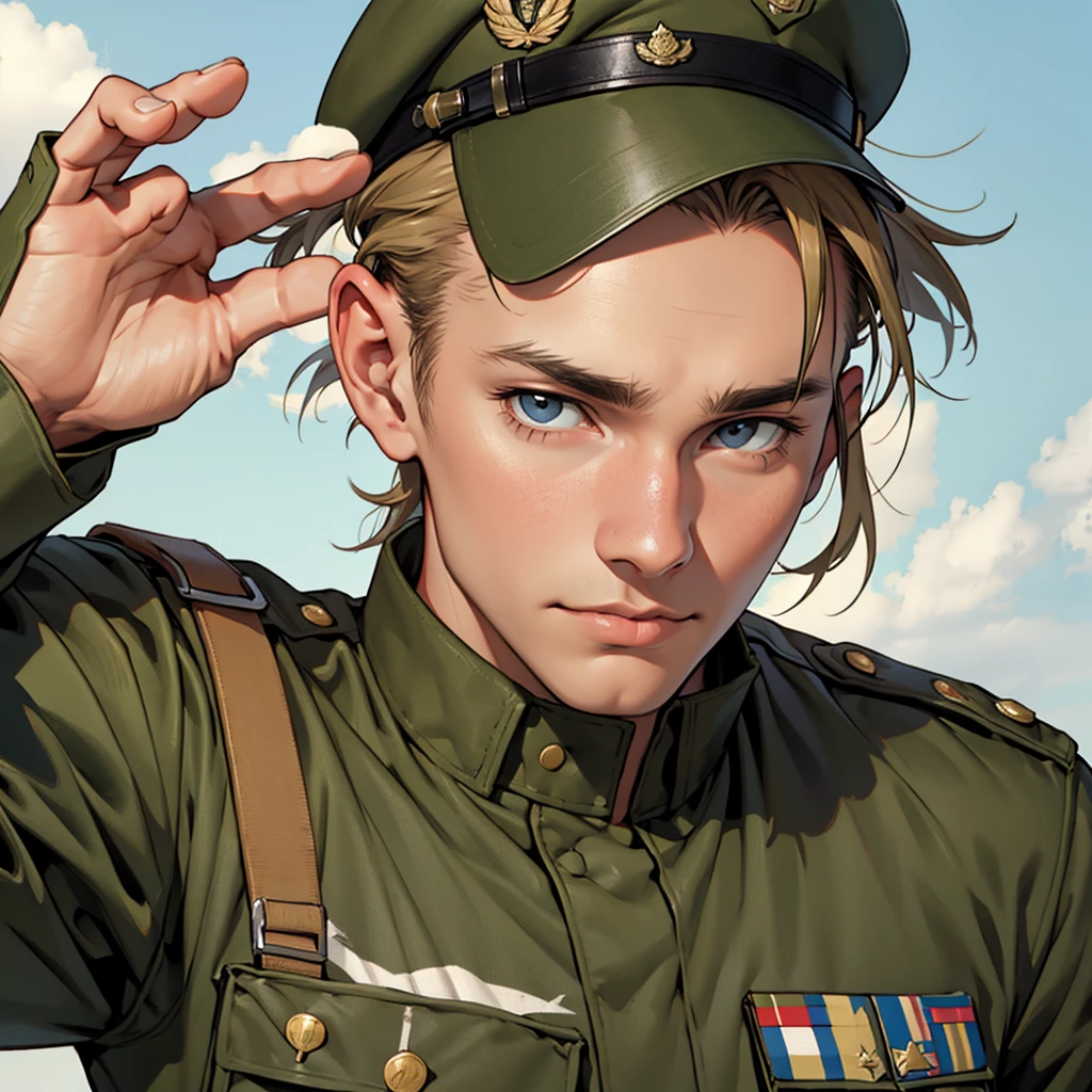 One Man，solo, The face is made of canvas，Wearing military uniform，Is saluting，adult