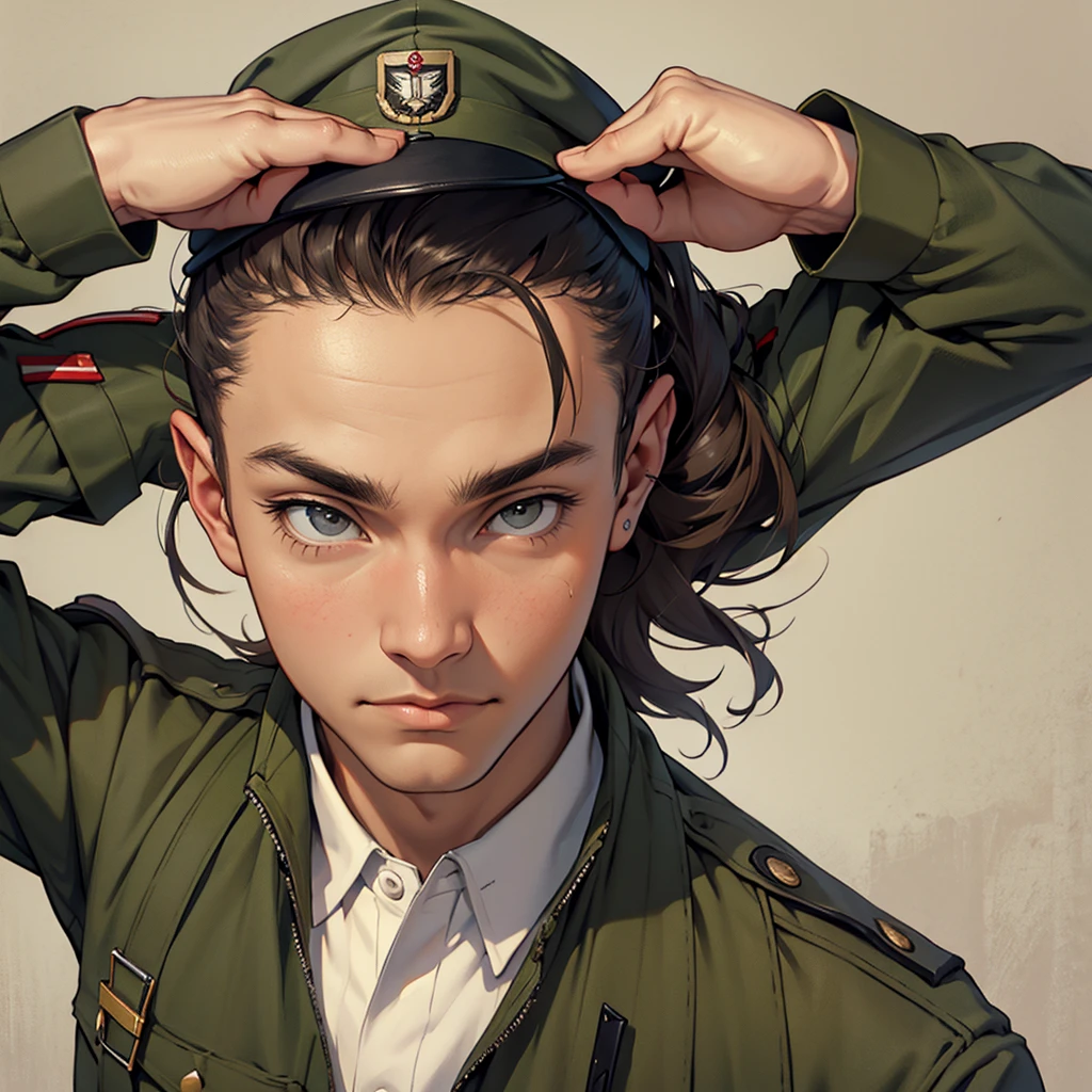 One Man,solo, The face is made of canvas,Wearing military uniform,Is saluting,adult