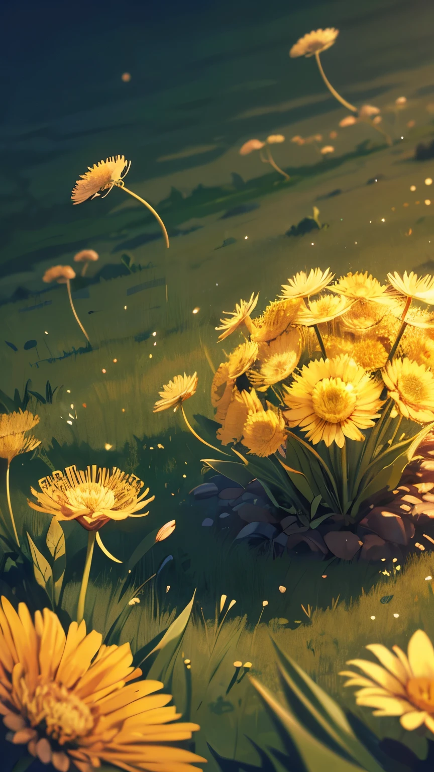 Dandelions, white dandlions with tiny seeds, a close up of a field with a bunch of dandelions in the sky, amazing wallpaper, floral sunset, beautiful digital artwork, sundown misty firefly wisps, beautiful art, beautiful art uhd 4 k, dandelions, artistic illustration, by Cyril Rolando, beautiful wallpaper, inspired by Cyril Rolando, beautiful iphone wallpaper, summer morning light, beautiful artwork