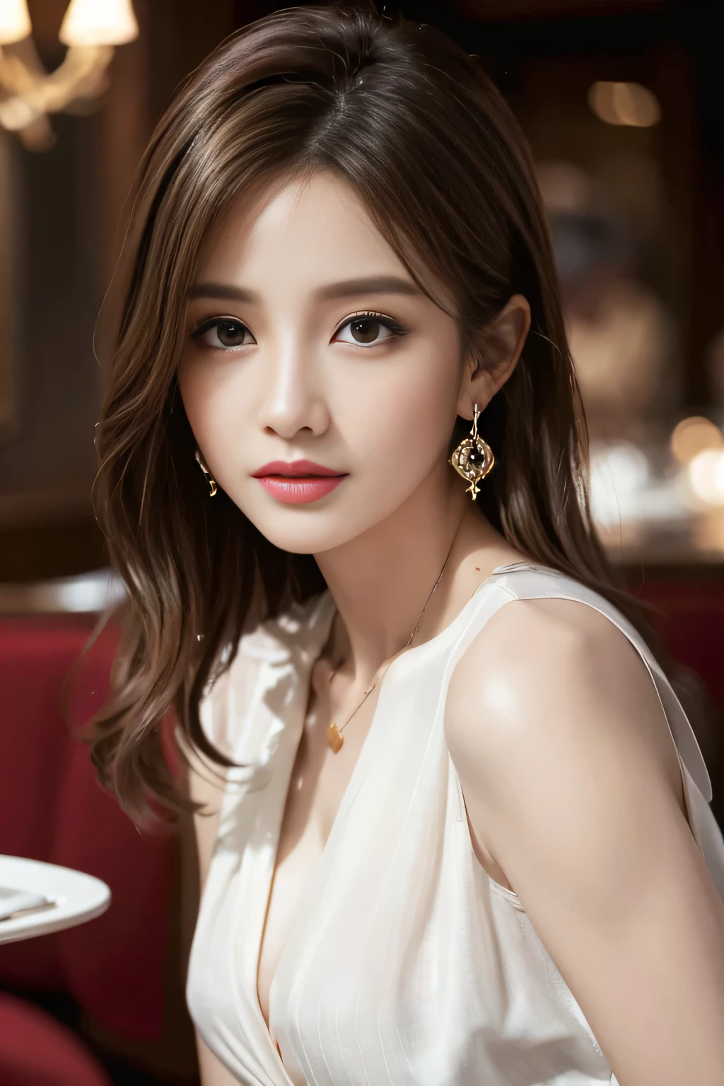masterpiece, Highest quality, Realistic, Very detailed, Finer details, High resolution, 8k wallpaper, One beautiful woman, Wear a pretty colored silk shirt, In a great restaurant, At night, Light brown messy hair, Perfect dynamic composition, Beautiful and beautiful eyes、Big earrings、chest、Sleeveless shirt、