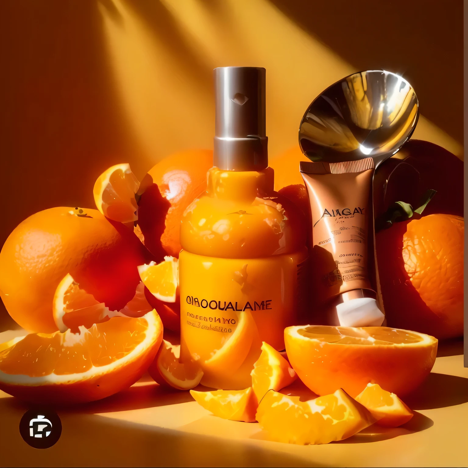 there is a bottle of liquid sitting next to oranges and a spoon, dramatic product photography, dramatic product shot, photoshoot for skincare brand, high quality product photography, commercial product photography, dramatic product lighting, professional product photography, orange skin, dark-toned product photos, product photography, professional product photo, product shoot, 🦩🪐🐞👩🏻🦳