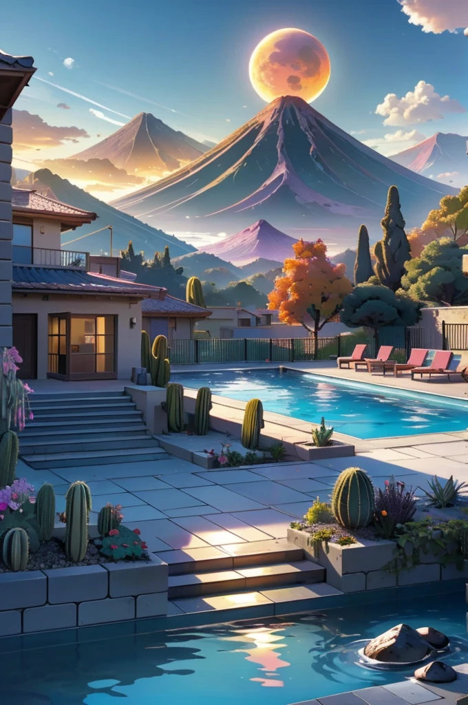 Multiple houses, brutalism style, Luis Barragán, Mountains in background, river, pool, terraces, stairs, garden terraces, trees, beautiful clouds, moon, sun, detailed, cacti, boulders, volcanic rocks, fuggy, river, lake, Violet, orange, olive green, blue, magenta, amazing volcano in horizont, beautiful garden design