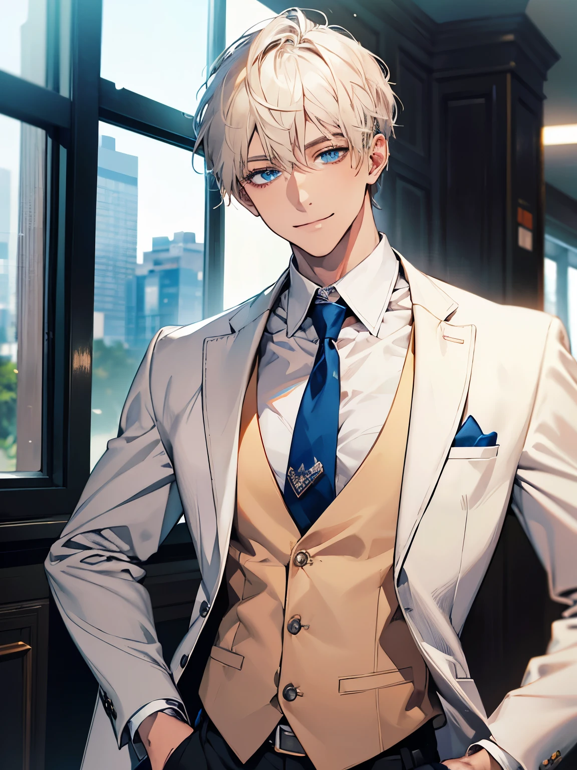 (Masterpiece, highres, best quality, finely detailed), male, smile expression facade, platinum blonde hair, short hair, White blazer, white shirt, blue tie, tan vest cardigan, belt, black pants, blue eyes, student, super detail, accurate.
