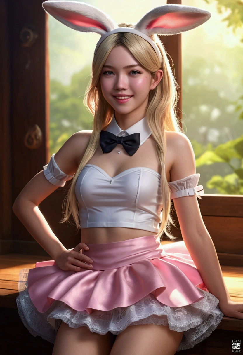 Browsing Caution, masterpiece, Highest quality, Highly detailed CG Unity 8k wallpaper,topless (Close-up of the upper body and head of a beautiful girl), , #1: Elegant straight long blonde hair, (Mckenna Grace), (Flat Chest,thigh), (Pink White) Golden (Shiny ballet skirt,Long rabbit ears headdress, , bow tie, no, Genitals are visible), (Spread your legs), (blush), Oily skin, (Cute Smile), (Wonderland), Pretty face, Key Art, Award-winning, intricate detail realism hdr, pass (Nguyen Gia Hoa Artgerm and Renji Murata), Photorealism, Surreal主义, Surreal, Dramatic lighting, Strong Shadows, Beautiful views, Depth of written boundary
