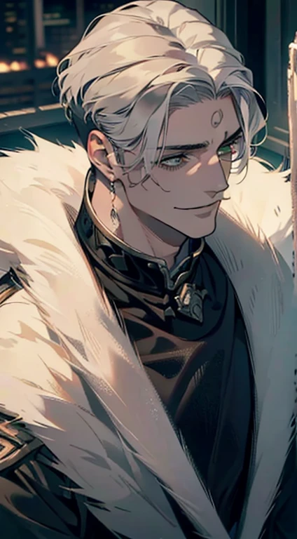 a mature man with short grey hair, green eyes, 31 years, and a perfect face, smiling in love, CEO, cinematic lighting, 1:4 HDR image, top view, ultra detailed, best quality, masterpiece, 8K, photorealistic, beautiful image