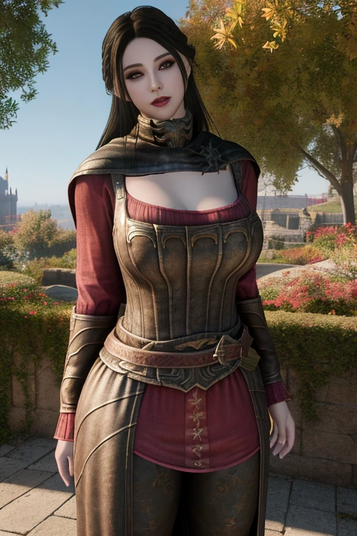 masterpiece, Best Quality, (Colorful), (Delicate eyes and face), Volumetric Lights, Ray tracing, the Extremely Detailed photo, 8K, serana, 1girl in, Red Eyes, big breast, curvy, Looking at Viewer, Seductive smile, arms behind back, evening, garden, gloomy castle, realistic