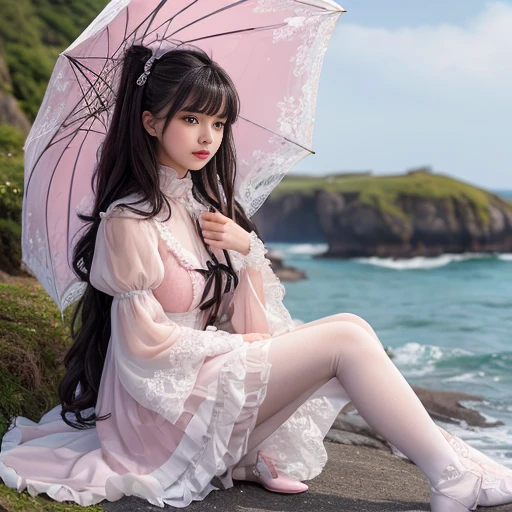 best quality, masterpiece, lifelike, 1 girl, solitary, eternity, black hair, Long curly hair, Bangs, laugh out loud, Layered lace skirt,  Puff sleeves, Wide sleeves, Transparent sleeves,  flower, Detailed Background,  Delicate face，pink blush，White，knee socks, pink shoes，cold，lots of lace，((​masterpiece))、(top quality)、8k、high detail、Super detailed、 21 years old female，​masterpiece、born、intricate details showcase the ruffles and intricate designs of the Lolita dress、Fair、magic、realism、Visual effects、FXAA、SSAO、Shader、voiceless、ambient lighting、Tone mapping、High resolution、Ultra high quality、Million pixels、(8k resolution:1.10)、8k resolution、high detail、intricate details、 (high quality:1.2、​masterpiece:1.2、:1.21)、(21 years old female）,Holding a Lolita lace umbrella, On the beach during typhoon day,Sitting on the rocks, 海邊捲起big sea waves,big sea waves