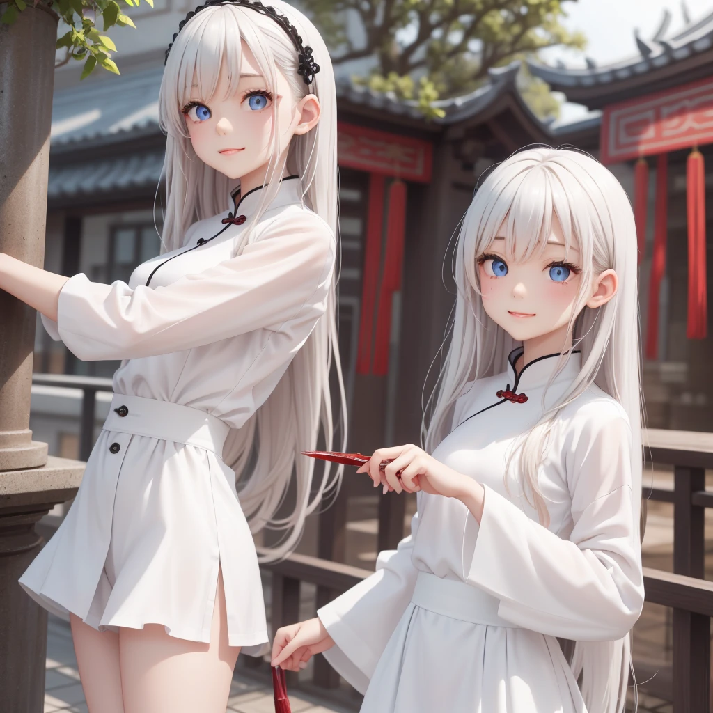 masterpiece, Highest quality, night, Outdoor, rainy days, branch, Chinese style, ancient China, 1 female, Mature Woman, A woman with long silvery white hair, Gray blue eyes, Pale pink lips, cold, Severe, weak, bangs, assassin, Short knife, White clothes, Black clothing pattern, Blood stains, Blood, Injury, Blood on the face, Blood on the clothes, rain, Beautiful Face, Beautiful Face,