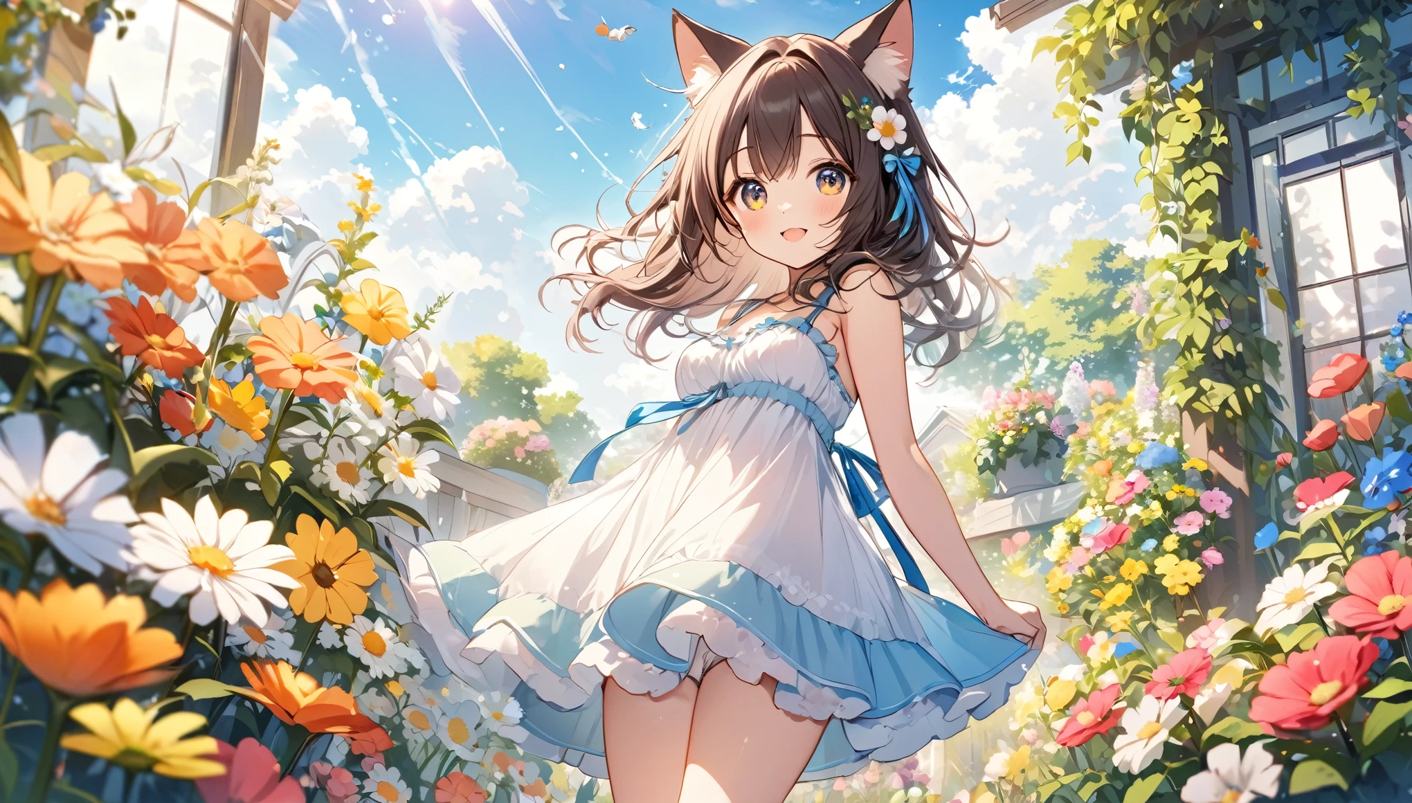 Highest quality,Cat ears girl,cute.summer,Flower Garden