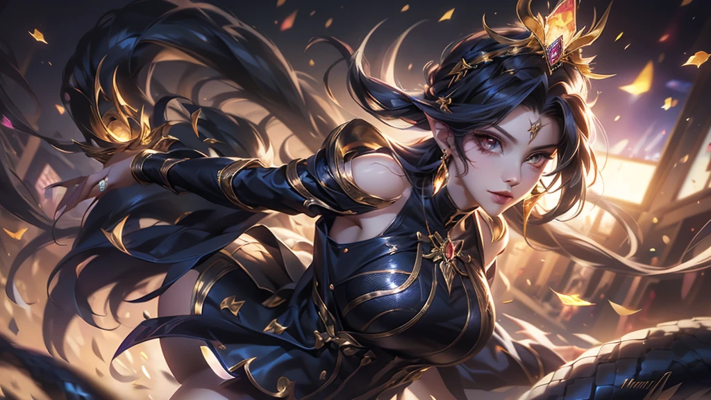 streaked hair, black hair, crown braid, crown, pac-man eyes, devil pupils, snake pupils, pointy ears, tsundere, Surrealism, anime style, Verism, clair obscur, cinematic lighting, depth of field, motion blur, god rays, from below, Sony FE GM has a graceful figure,Beautiful face,Exquisite facial features,Smooth hair,Blow on breakable skin,Queen with a crown on her head