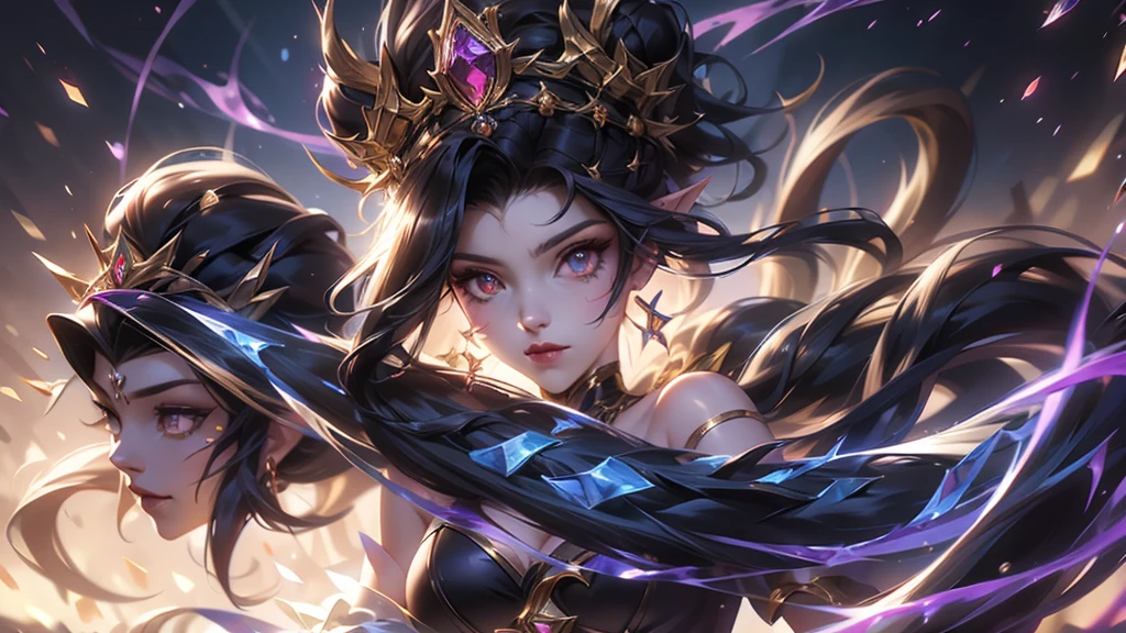 streaked hair, black hair, crown braid, crown, pac-man eyes, devil pupils, snake pupils, pointy ears, tsundere, Surrealism, anime style, Verism, clair obscur, cinematic lighting, depth of field, motion blur, god rays, from below, Sony FE GM has a graceful figure,Beautiful face,Exquisite facial features,Smooth hair,Blow on breakable skin,Queen with a crown on her head