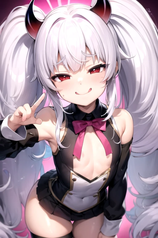 pretty girl、Young face、silver Hair、Twin tails、Pink eyeischievous face、Spoiled brat、uniform、Immature body、Small breasts、Sticking out tongue、Long and cute tongue、smile、Sweat、（Thick thighs:1.5)、demon horns and tail、red  eyes、Cowboy Shot、On all fours、Backwards、look back,