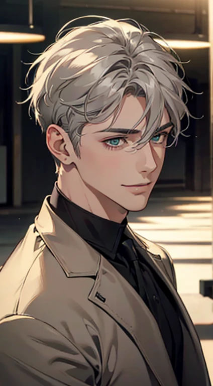 a mature man with short grey hair, green eyes, 31 years, and a perfect face, smiling in love, CEO, cinematic lighting, 1:4 HDR image, top view, ultra detailed, best quality, masterpiece, 8K, photorealistic, beautiful image