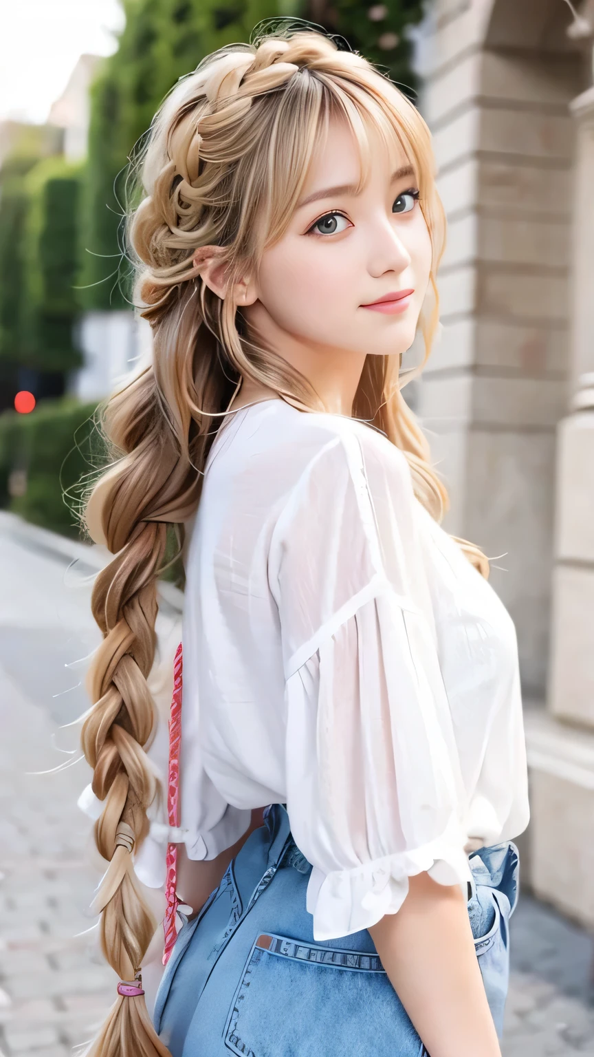 Sexy Big 、Sexy cute looks and cute beautiful girl, beautiful and sexy face、A strong wind blows my hair in front of my face、beautiful long blonde French braided hair、beautiful, Cute and sexy eyes hidden behind long bangs