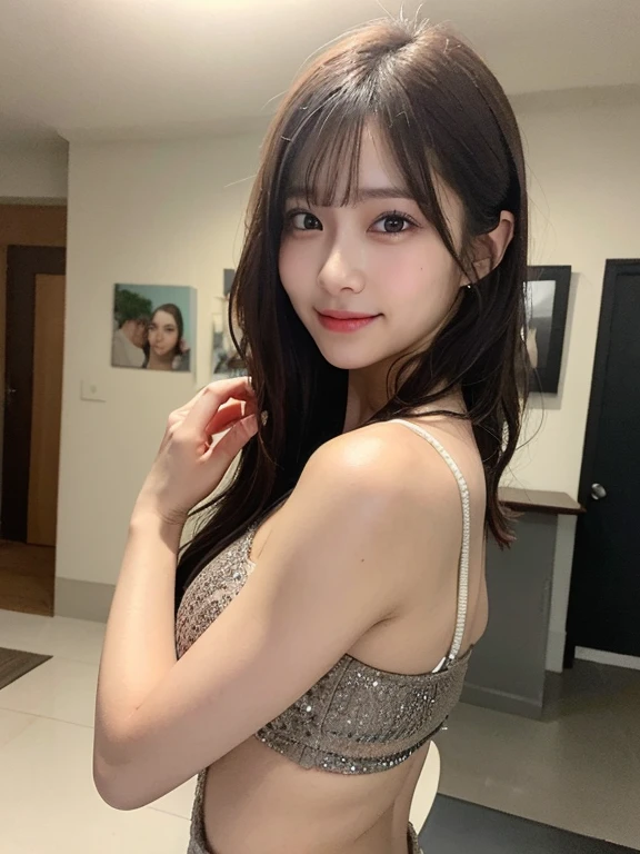 (masterpiece:1.3), (8k, Photorealistic, RAW Photos, Best image quality: 1.4), 20-year-old girl、(Random Hairstyles:1.2)、Super detailed face、Attention to detail、double eyelid、Sharp focus:1.2、Beautiful woman:1.4、Light brown hair、Highest quality、masterpiece、Ultra-high resolution、(Photorealistic:1.4)、Highly detailed and professional lighting、Brown nits、thin、smile、Black long hair、Deadly position、Clear Skin、Random pose、Shiny Hair、Sculpture model pose、valley、Butt