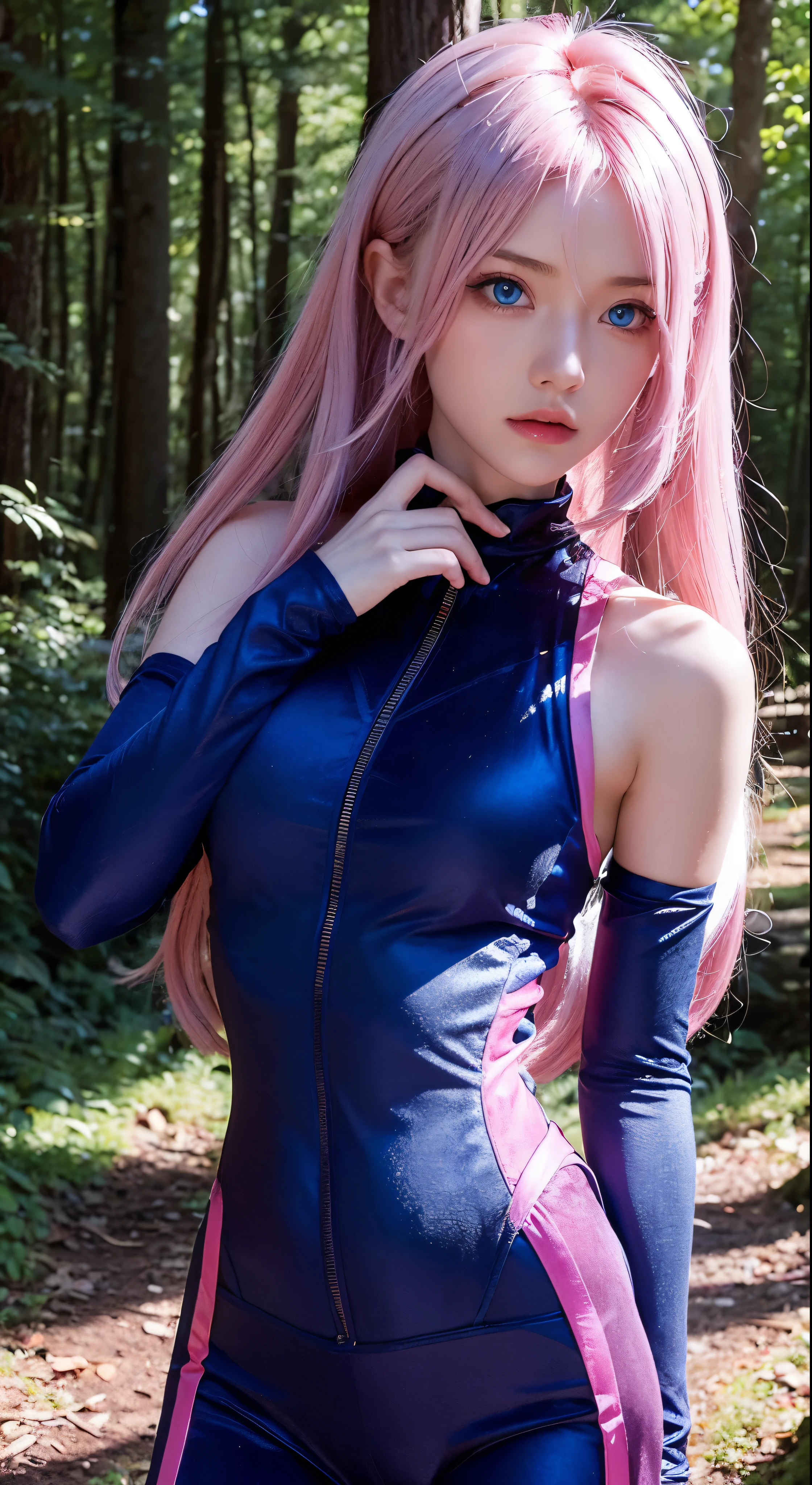 A semitransparent zerosui, Velvet bra, zerosuit, contrast, god rays, Blue eyes, pink hair, woods background, absolute intensity,
