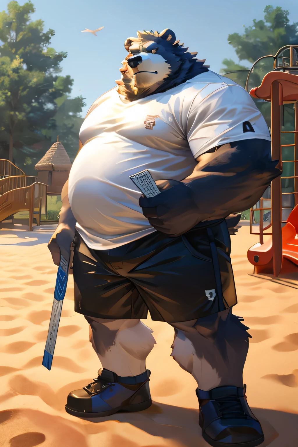 Strong white bear，Wear T-shirt shorts，overweight，Standing on the playground，Majestic and majestic，Holding a ruler in hand，The face is fierce，high-definition，masterpiece，high resolution，serious，