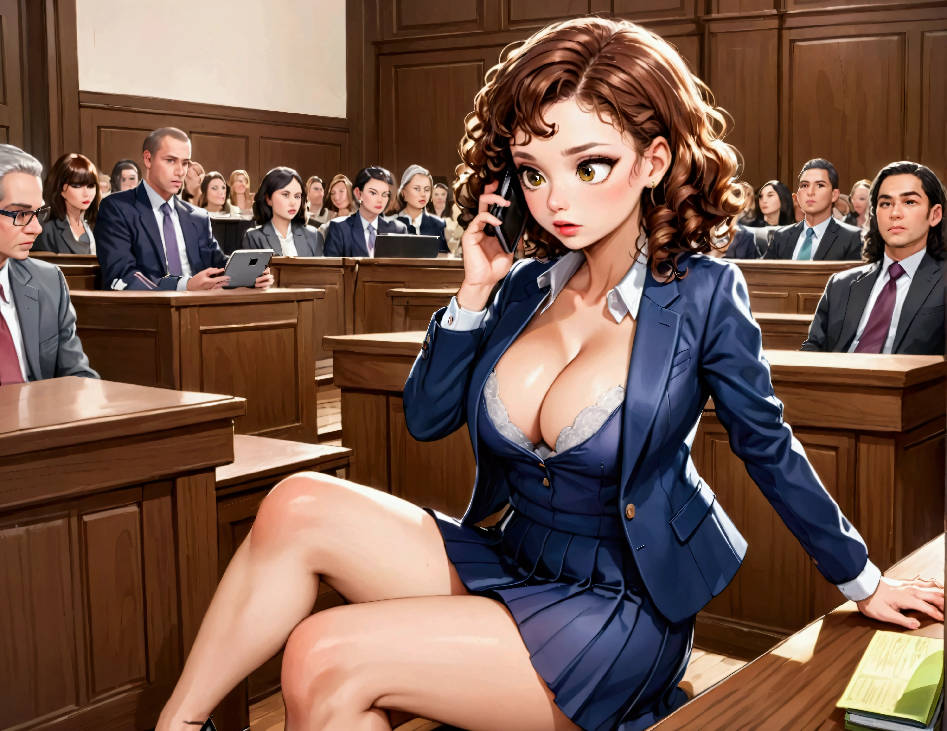 A cute woman (age 40, perm in hair, formal jacket, mini skirt, high heels, little make up, cleavage small but over exposed, folder, cell phone) is questioning a witness in a court room
